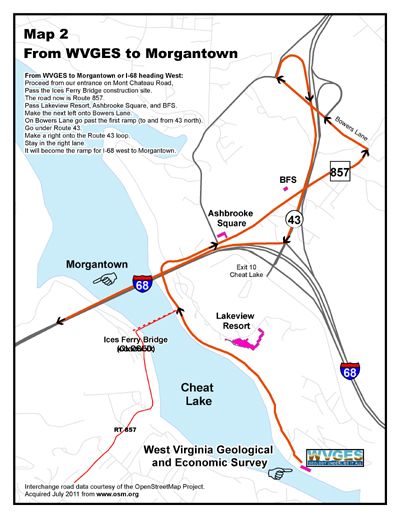 image of map showing route from the Survey to Morgantown or I-68 heading west.