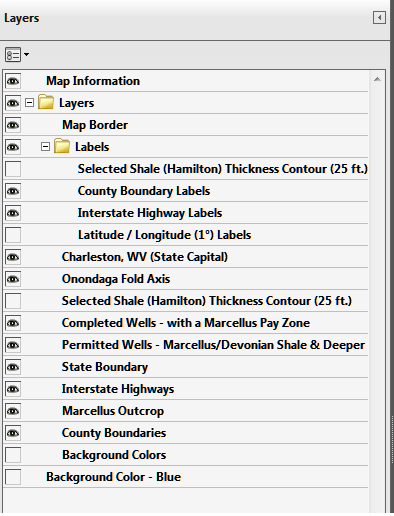 image of expanded layers folder on menu of  the geo-enabled layered pdf