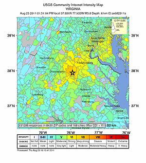 image of USGS Community Internet Inensity Map for the Virginia 5.8 earthquak as reported