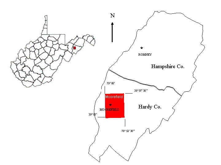location of Moorefield Quad in WV and county