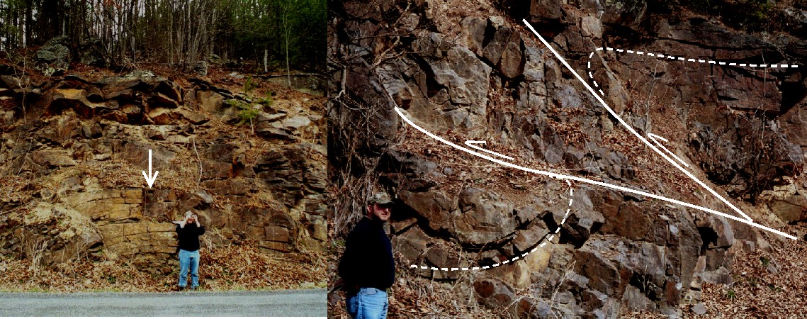 Folding and faulting in the Silurian Rose Hill Formation,
Hammer Run, west of Ruddle, WV