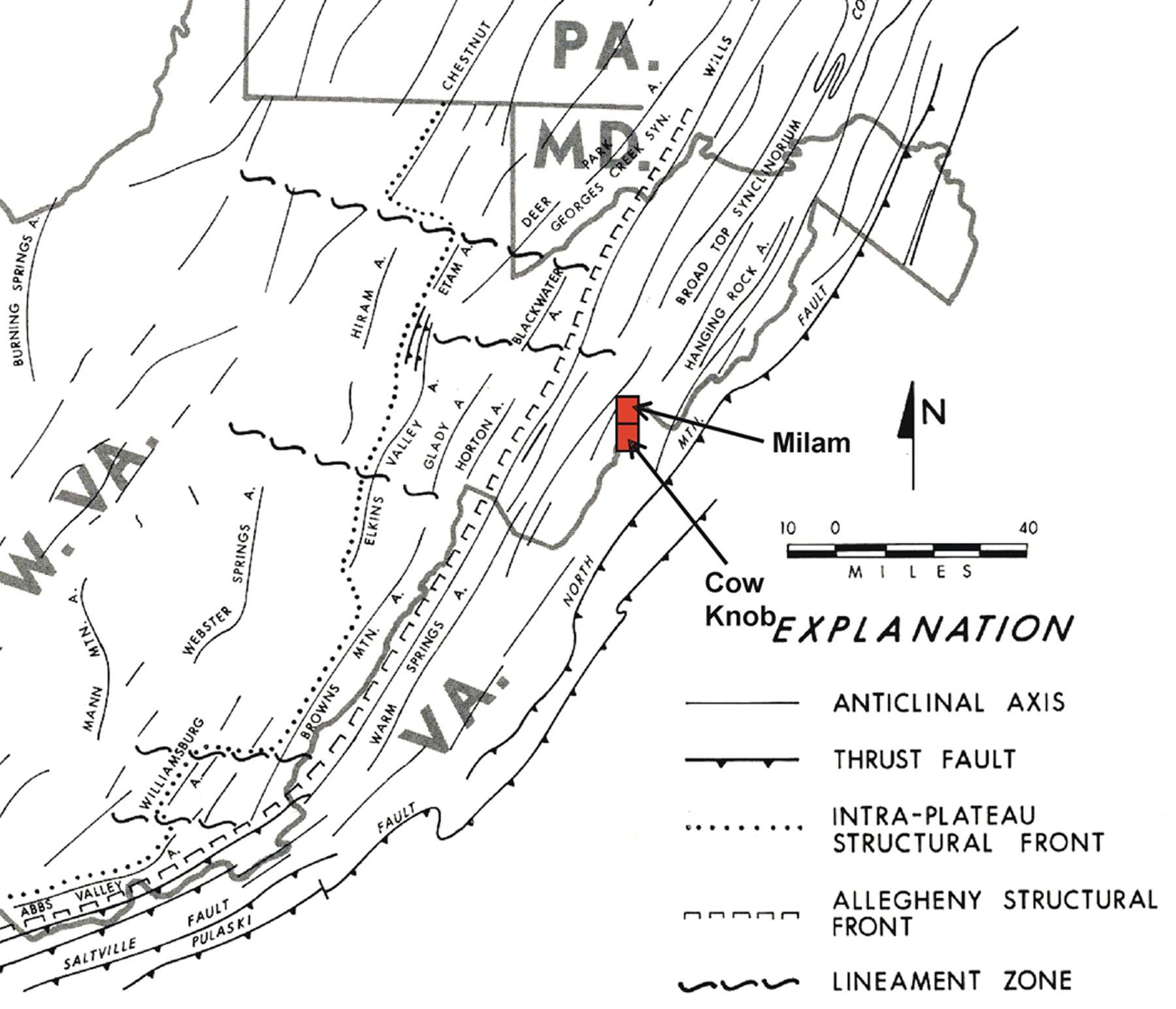 Physiographic provinces and the location of the Milam and Cow Knob Quadrangle