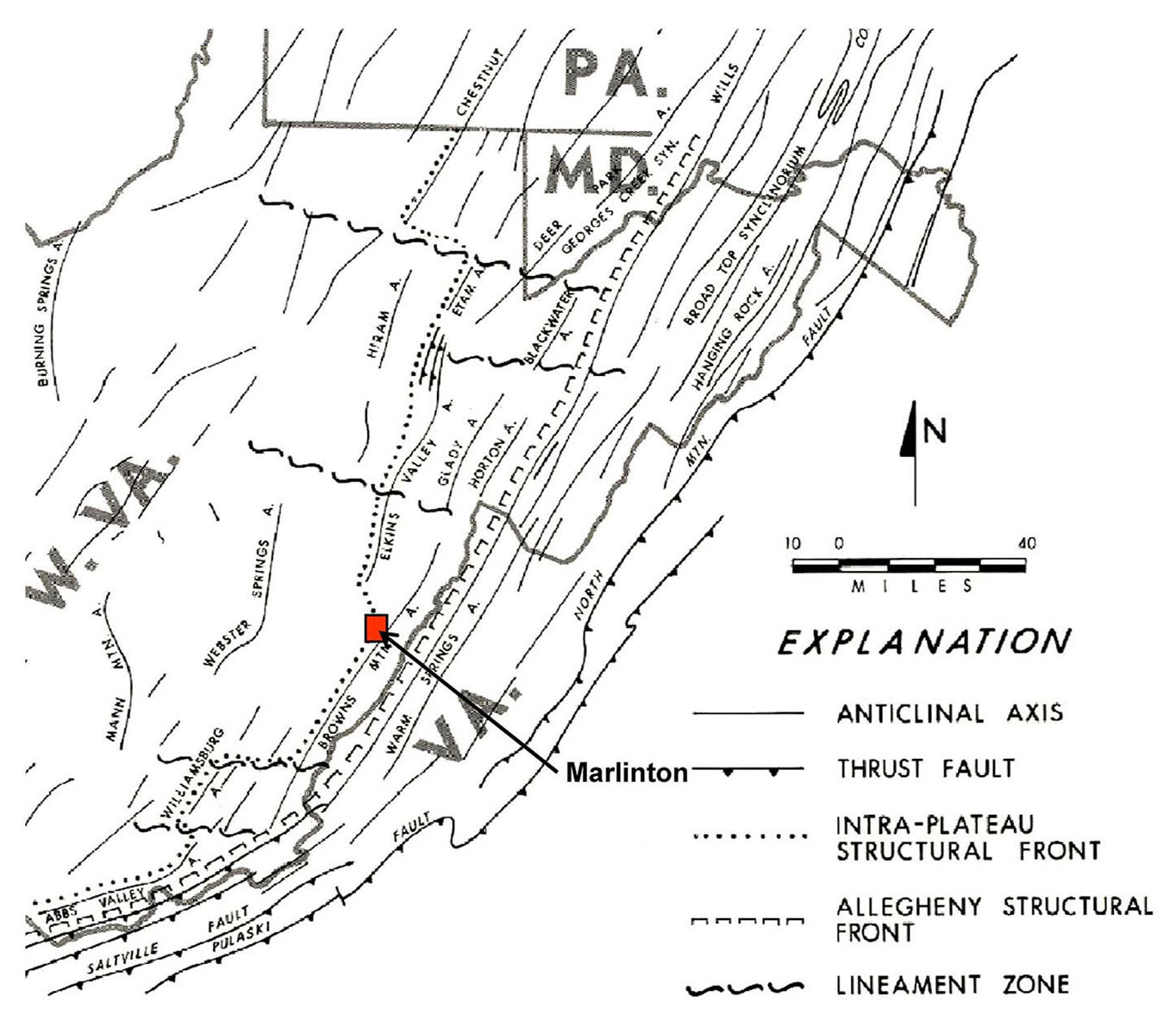 Physiographic provinces and the location of the Marlinton Quadrangle