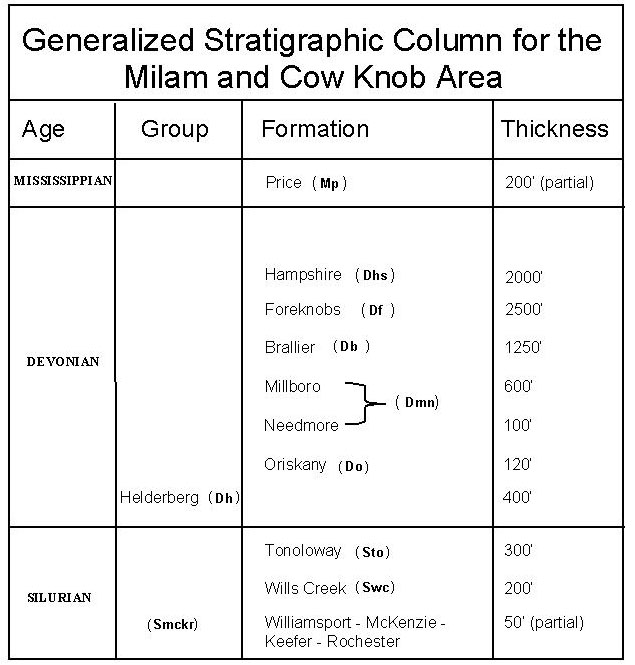 Generalized Stratigraphic Columns, Milam and Cow Knob Quadrangles