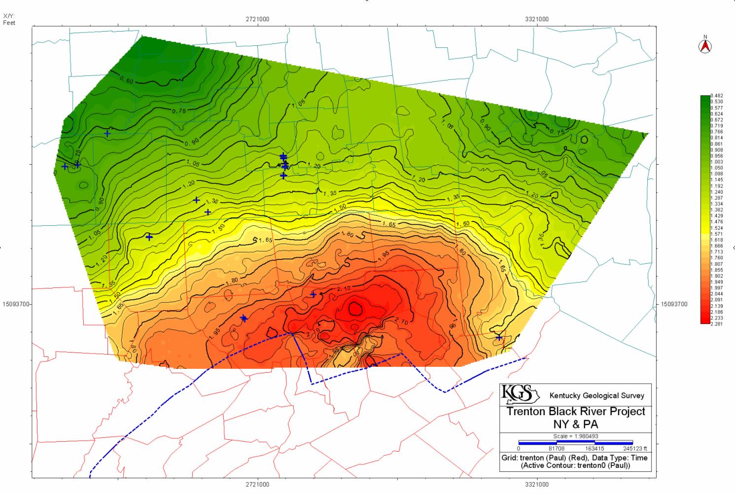 Figure 10.  Two-way-time structure map for the top of the Trenton Ls. The formation of the Alleghanian foreland basin controlled much of the Trenton Ls. structure.