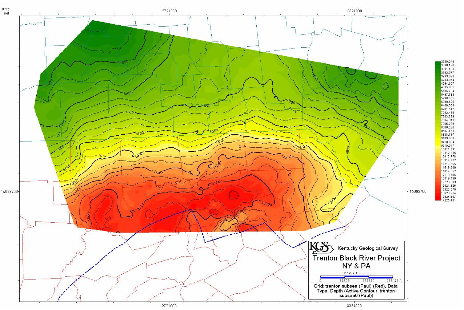 Figure 11.  Structure map of the top of the Trenton Ls., based on 2-D seismic dataconverted to depth from time-to-depth curves calculated from the well data.