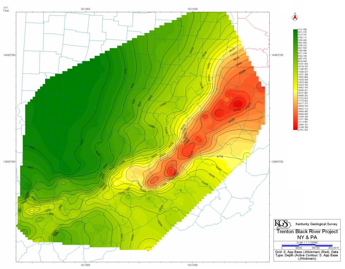 Figure 12b.  Structure map of the top of the basement based on well tops and available seismic data (major fault systems not shown) in Kentucky, Ohio, and West Virginia.