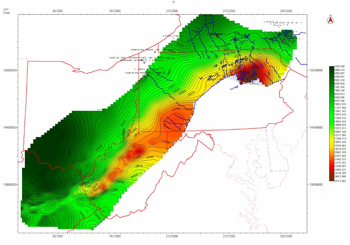 Figure 13.  Structure contour map of the top of the basement in the Northern Appalachian Basin (faults not shown here).  The structure of the basement is a result of Cambrian rifting and later Alleghanian compression and foreland basin formation.