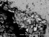 FIGURE A3-B. Higher magnification view of planar-c dolomite shown 
        in Figure A3-4A. This dolomite is in the upper right corner of the vug. 
        The cross on the crystal just right of the center of the SEM photo shows 
        the spot of the EDS analysis presented next in Figure A3-4C.